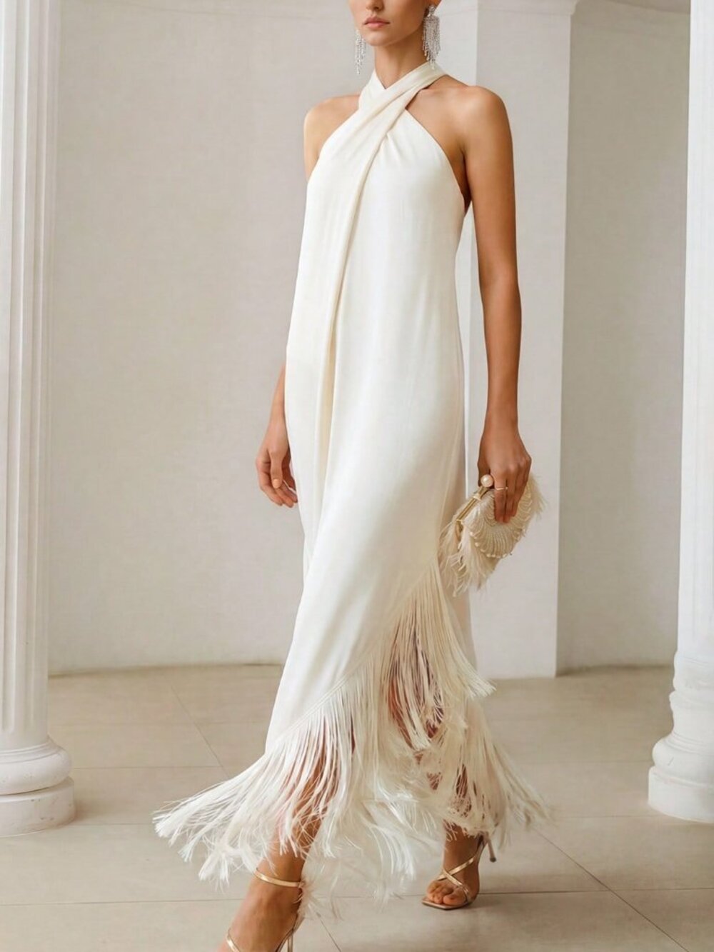 Women's Fringe Hem Cross Halter maxi Dress - Picture 6 of 6
